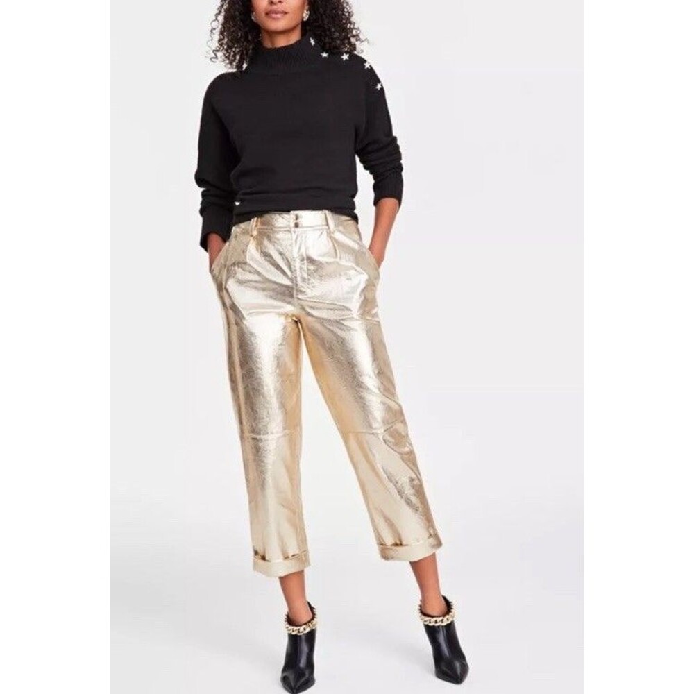 I.N.C. Women’s Sz 8 Straight-Leg metallic pants slit pockets back Vegan Leather